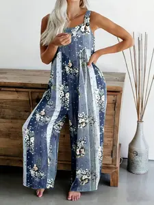 Plus Size All Over Print Button Design Overall Jumpsuit, Boho Sleeveless Wide Leg Jumpsuit for Beach Holiday Vacation, Women's Clothes for Summer