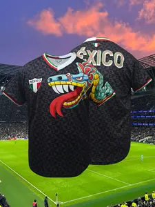 Men's Baseball Jersey,Mexico Embroidered, Loose Fit Breathable V-Neck Baseball Shirt Short Sleeve Top for Outdoor Sports & Exercise