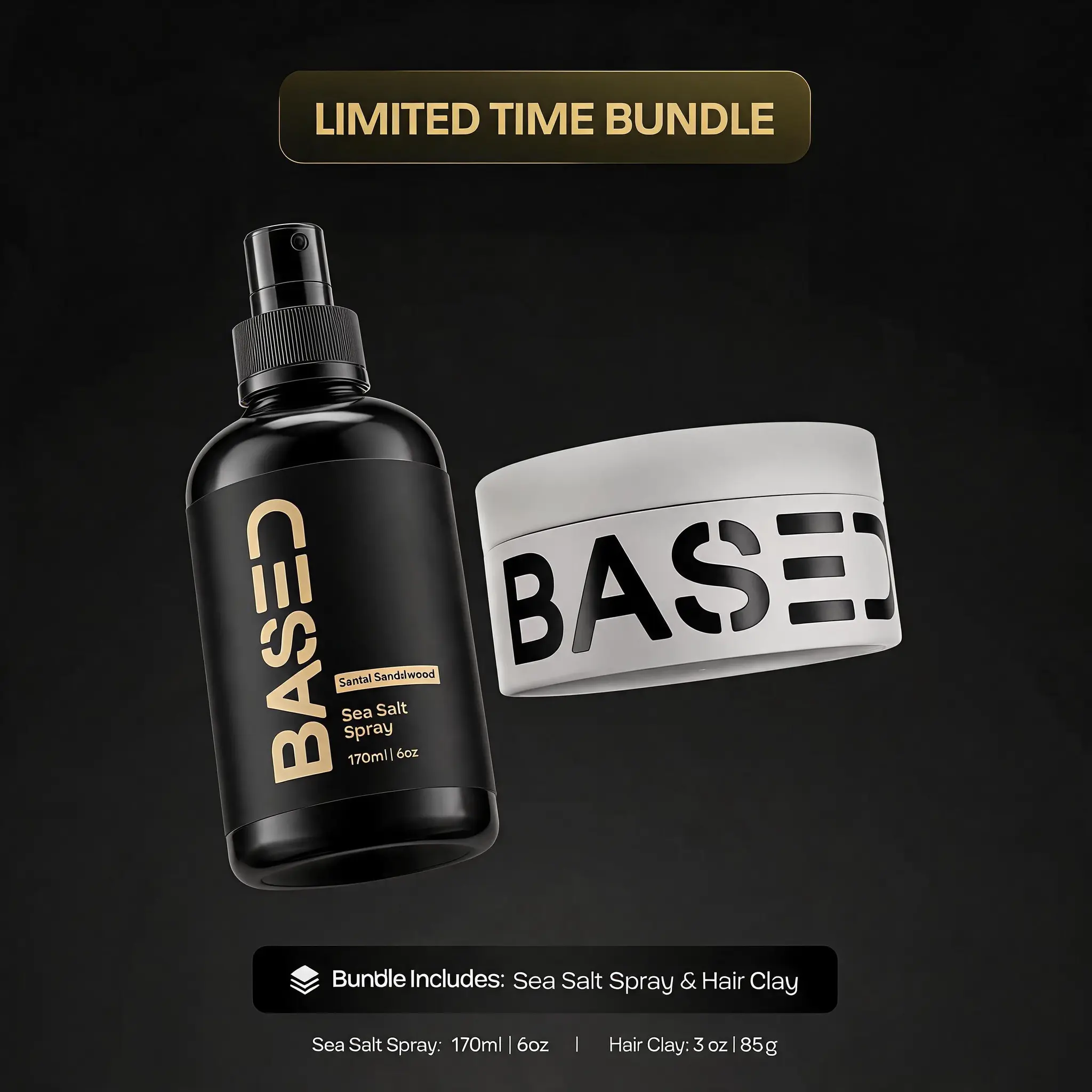 BASED Texture & Hold Duo: Sea Salt Spray & Hair Clay Bundle - Science-Backed Volumizing Spray with Kelp & B5 + Strong Hold Texturizing Clay with Santal Sandalwood, Low Shine, Paraben Free