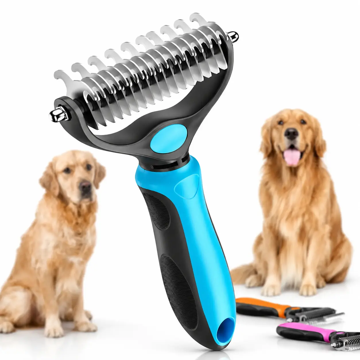 2-in-1 Double-Sided Stainless Steel Pet Grooming Brush - ABS Plastic Undercoat Rake, Deshedding Tool, 9 & 17 Teeth Comb (2.6" Width, 6.7" L × 3.9" W) with Non-Slip Comfort Handle, Blue Mat Removal Tool for Dogs/Cats, Universal Fit Hair Care Essential