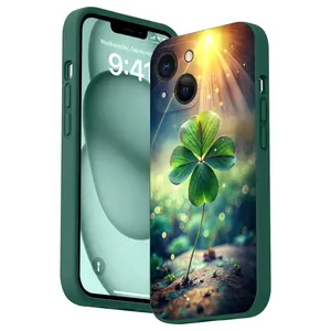 Straight Edge Green Clover Patterned Phone Case for iPhone 15 16 14 Pro Max 13 12 11 XR XS Plus Shockproof Drop Protection Rugged Durable Silicone Cover Cellphone Protective