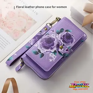 Women's Floral Pattern Genuine Leather Large Capacity Long Zipper Wallet, Can Hold a Mobile Phone