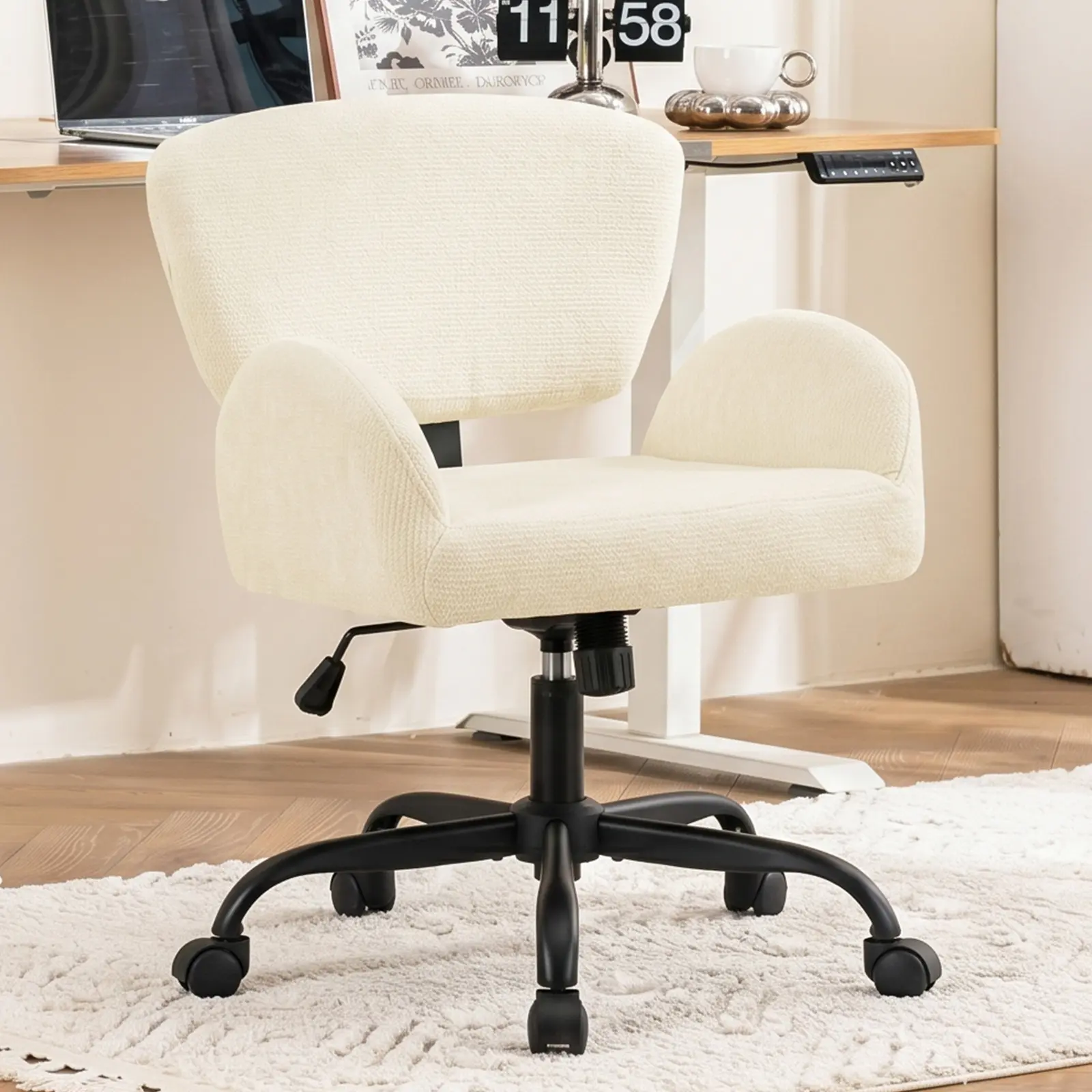 Scratch-Resistant Chenille Makeup Chair with Ergonomic Back Support, 360° Swivel,Adjustable Height, Smooth Rolling Casters, Perfect for Bedroom & Vanity Use