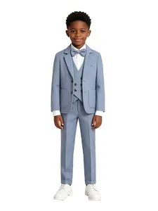 Boys 4 Piece Suit Set, Classic Sets, Blazer, Vest, Pants and Bow Tie, Slim Fit Formal Kids Outfit, Perfect for Wedding, Graduation, Church, Party, Flower Boy Costume, Gift for Boys, Blue/Gray/Beige, No Shirt Included