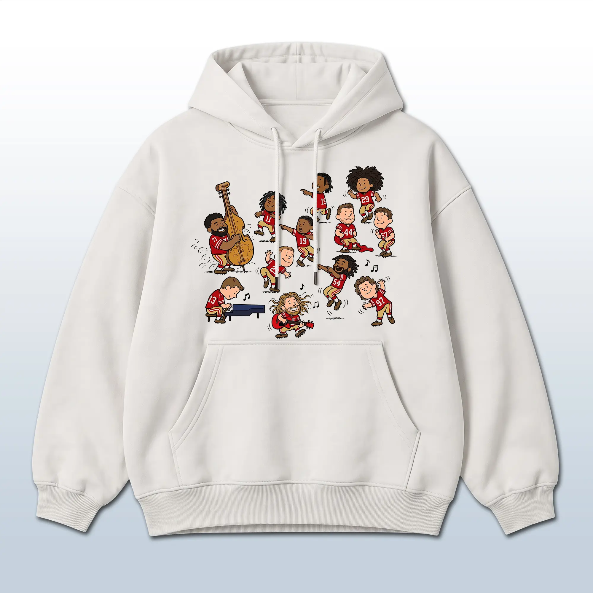 San Francisco Hit All The Emotes Hoodie, Red Gold Cartoon Style Sweatshirts, Dancing Players Graphic Pullover, 49ers Gridiron Fan Merch, Retro Bootleg Game Day Outfits, Pro Sports Season Gifts, Heavyweight Oversized Vintage Streetwear Tops