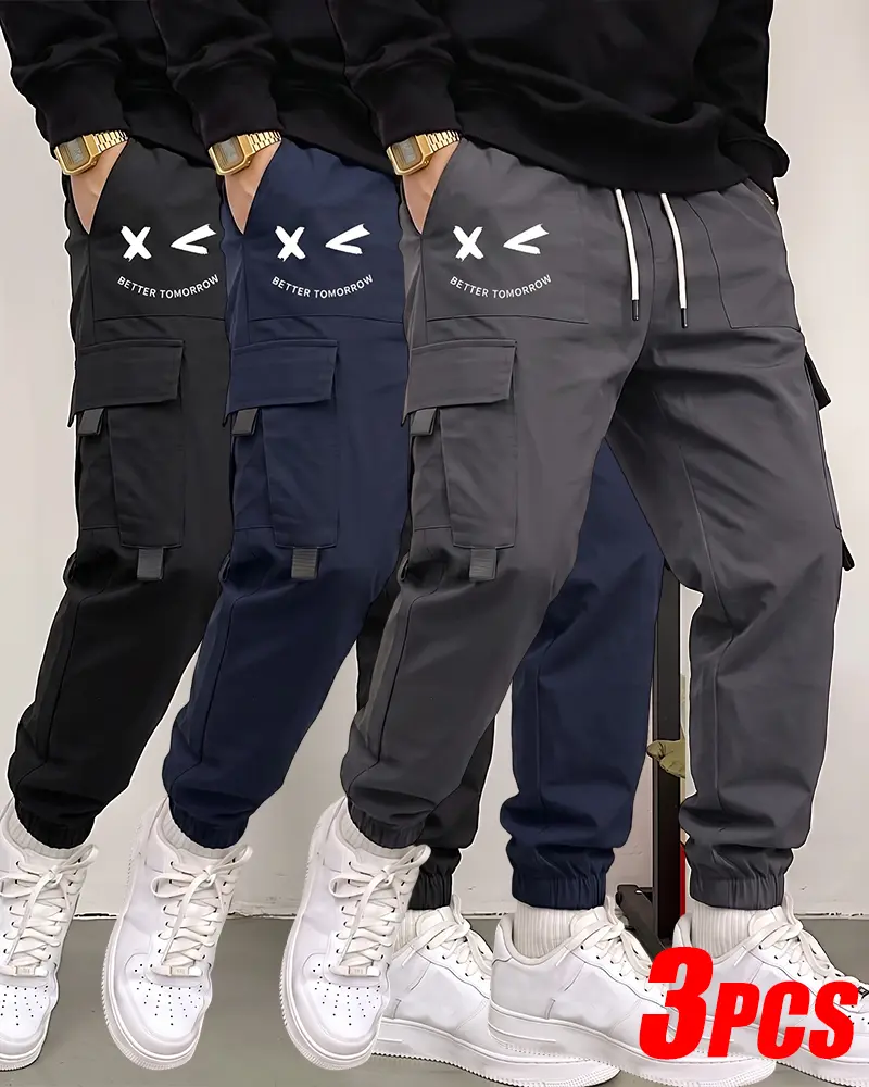 3-PCS Men's Jogger Cargo Pants, Elastic Drawstring Waist, Multi Side Cargo Pockets, Elastic Cuff Ankle, Light Smooth Solid Casual Bottoms Value Pack