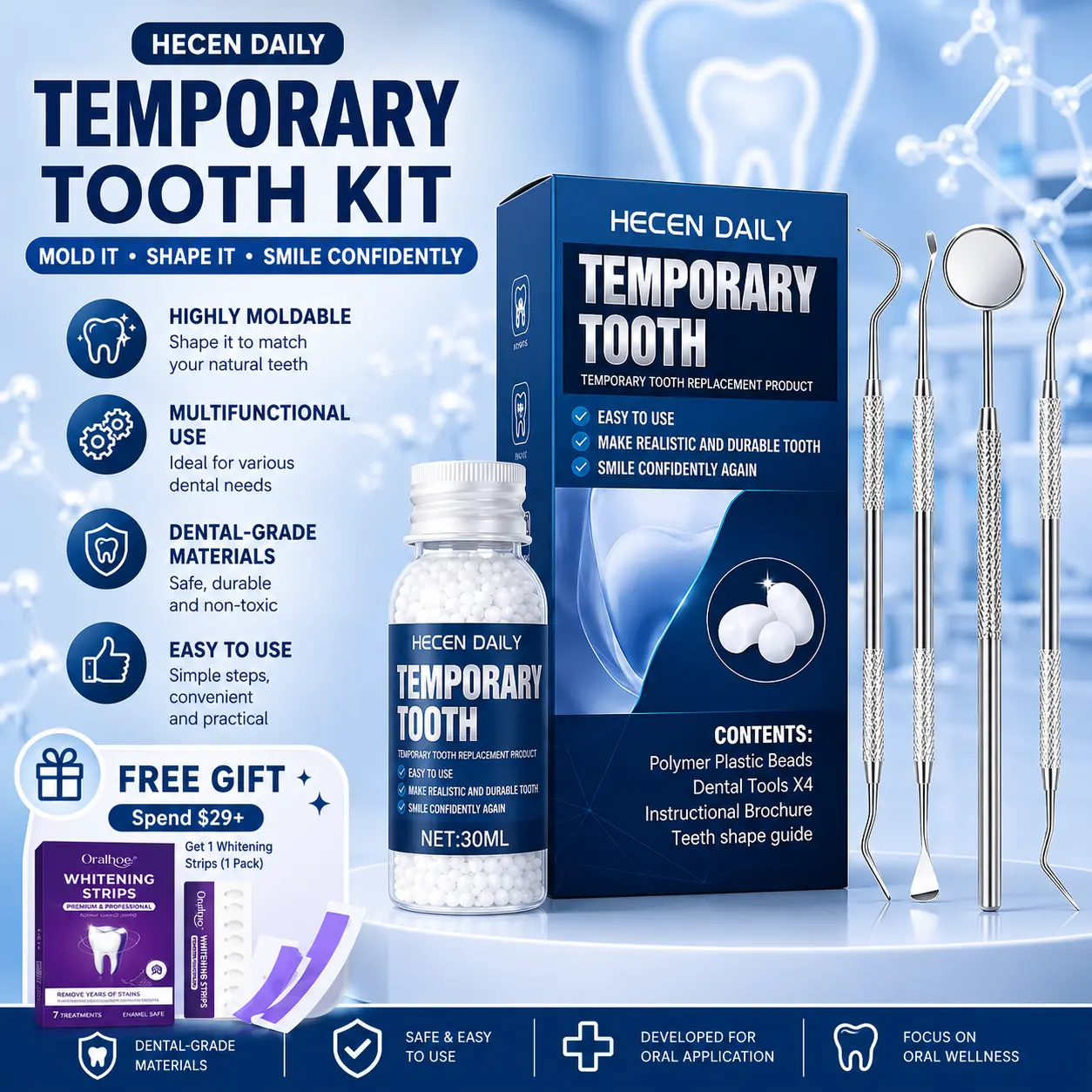 Moldable Whitening False Teeth Repair Kit with 4 Tools, Shapeable Denture Pellets & Veneers for Broken/Missing Teeth, Oral Care Product Ideal for Cosplay, Halloween, Teeth Whitening Products