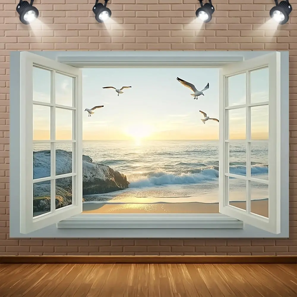 1pc 2D Flat Polyester Coastal Glam Backdrop - Ocean Scene, Sunset, Seabirds Window View, Ideal for Photo Booths, Room Decor, No Power Needed