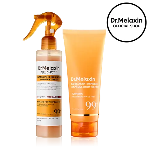 [Dr.Melaxin Official] Kojic Acid Turmeric Body Glow Duo, 2-Piece | Peel Shot Exfoliating Body Spray + Capsule Body Cream | Dark Spot & Uneven Tone Care for Smooth, Bright Body Skin | Korean Skincare