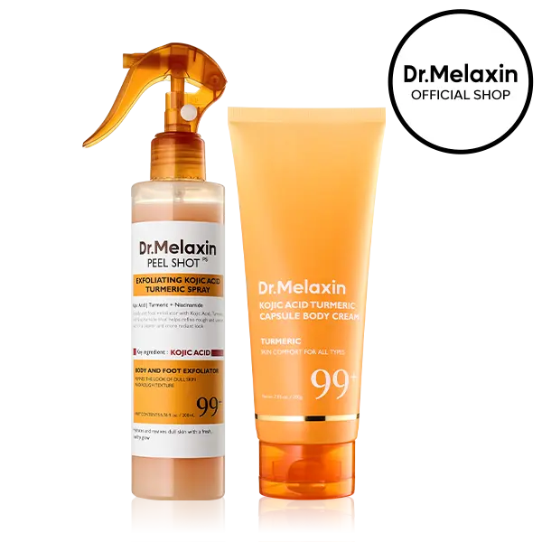 [Dr.Melaxin Official] Kojic Acid Turmeric Body Glow Duo, 2-Piece | Peel Shot Exfoliating Body Spray + Capsule Body Cream | Dark Spot & Uneven Tone Care for Smooth, Bright Body Skin | Korean Skincare