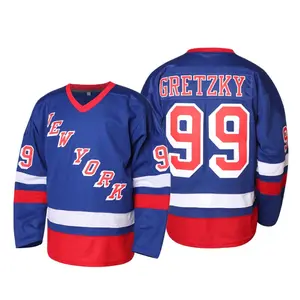 Men's blue V-neck #99 hockey jersey, polyester fiber embroidery breathable sports shirt, suitable for training and leisure wear