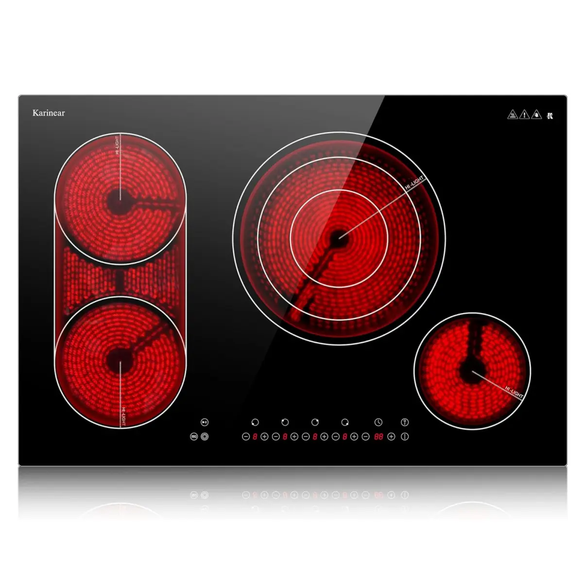 Karinear 30-Inch Built-In Ceramic Electric Hob Stove - 4-Burner 7800W Durable Glass Surface Appliance with Flexible Zone, Triple Ring Expandable Burners, Pause, Timer, Childlock, 220-240V Hardwired for Aluminum-Enhanced Home Users