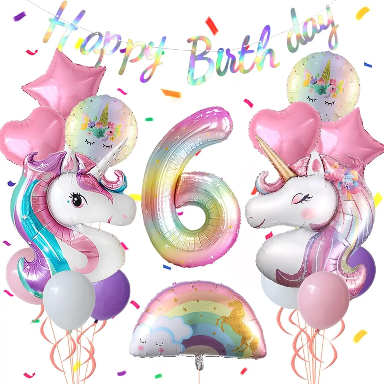 Unicorn 6Th Birthday Party Decorations For Girl Purple Pink Theme Balloon Set, Large Rainbow Unicorn Helium Balloons With Heart And Star Baby Shower Kids Supplies (Number 6 Set)
