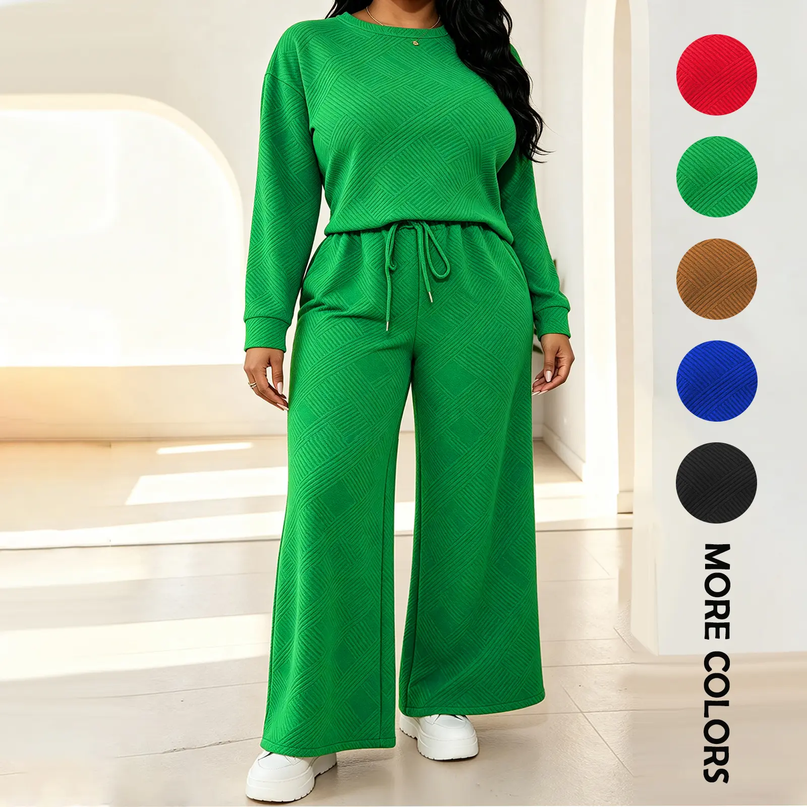 Women's 3D Diamond-Embossed Jacquard 2-Piece Tracksuit, Polyester Clothes with Crew Neck Loose Long-Sleeve Drawstring Sweatshirt & High-Waisted Wide-Leg Pants, Curvy Plus Size Loungewear for Everyday Wear & Everyday Shopping, Check Size Chart