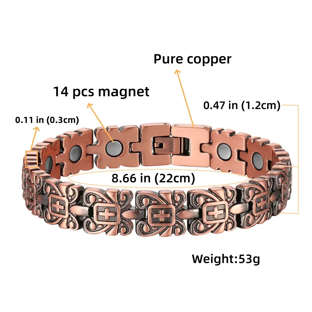 Unisex Pure Copper Magnetic Chain Bracelet - Retro Link Style, 14 Magnets, Adjustable Up to 22cm, Free Sizing Tool, 53G, Strong Magnet, Customizable Energy Jewelry, Metal Fashion Accessory