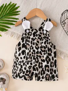 Baby Girls Fashion Leopard Print Suspenders Shorts, Cute Animal Pattern, Comfortable Versatile Daily Wear, Stylish Backless Pants