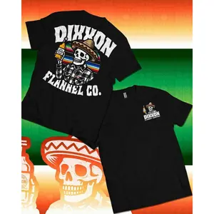 "Mexican - Inspired Skull Brand Tee: Sombrero - Wearing, Beer - Holding Skull, 'Dixxon Flannel Co.’ Retro - Plaid Cool – Bold Black Cultural Fusion Wear" Menswear Shirt Top Classic