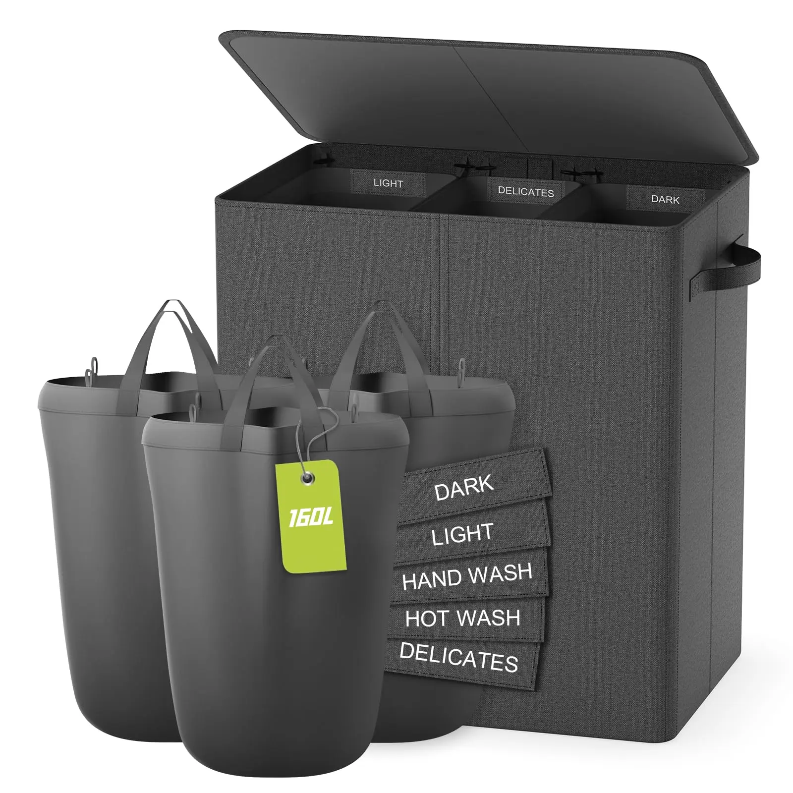 160L Foldable Plain Laundry Basket (Single Unit) - 3-Section Dark Grey Laundry Hamper with Lid, Removable Bags & Labels for Bedroom Sorting, Three Sections