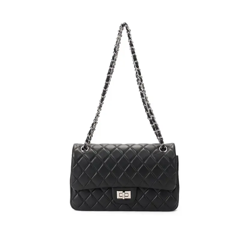 Women's Quiet Luxury Soft Lambskin Quilted Starry Black Crossbody-Shoulder Bag, Chic Classic Silhouette Waterproof Leather Purse with Metal Chain & Turn-Lock, High-End Versatile Handbag