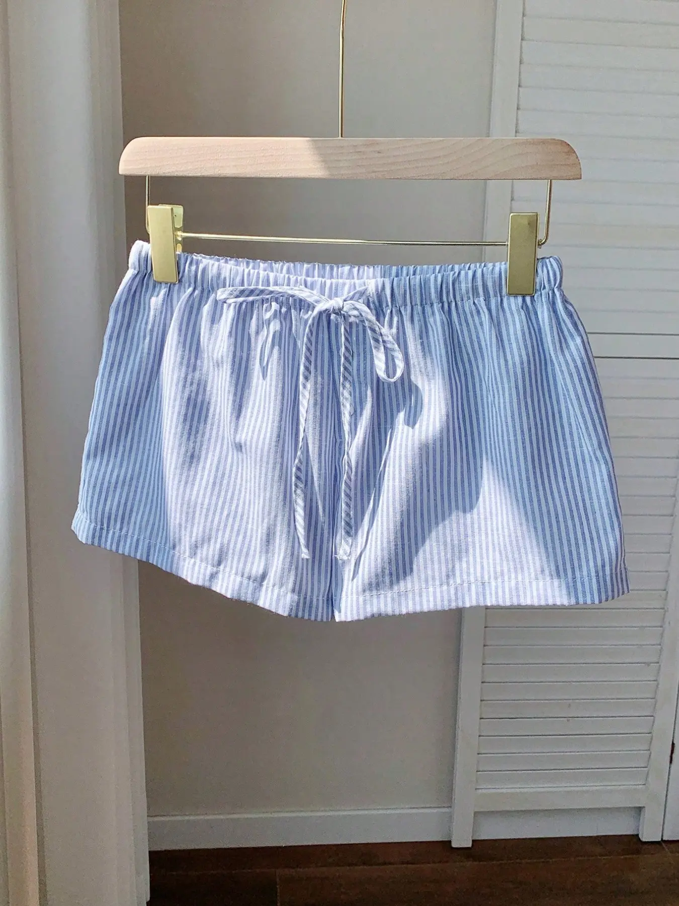 Women's High-Waisted Elastic Waist Lounge Shorts, Casual Shorts Loungewear, Fitted, Soft Breathable Lightweight Bottoms with Drawstring & Button Detail, Casual Solid & Striped Styles for Sleep & At-Home Days, Available in White/Black/Blue Stripe