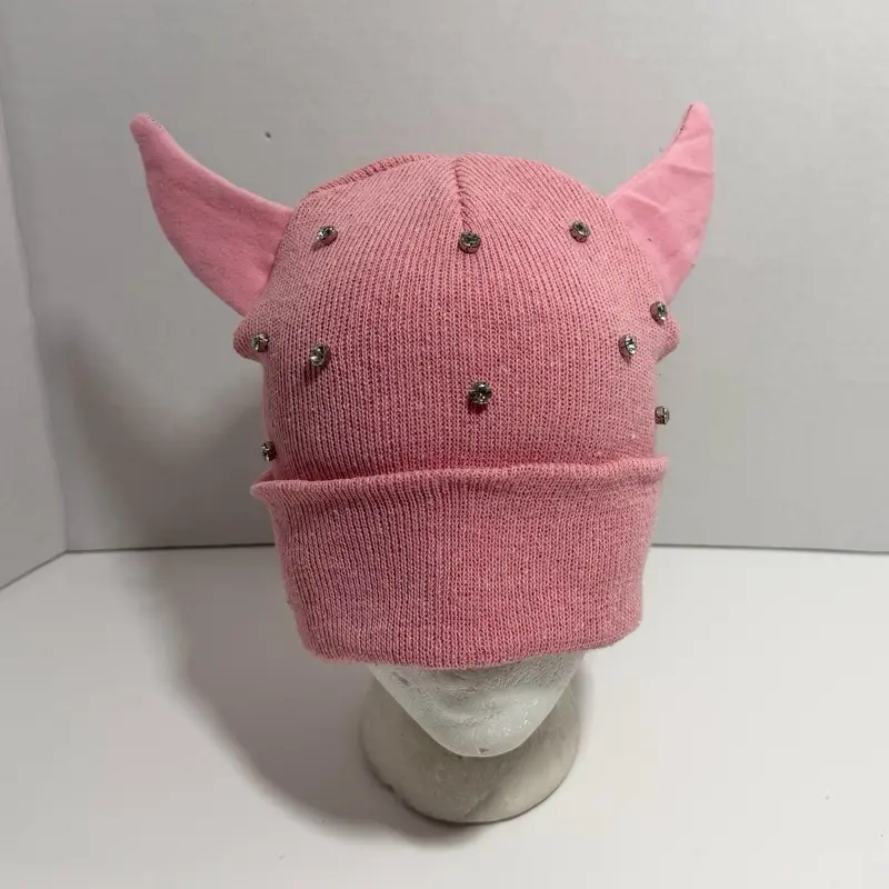 Pink Horns Gems Beanie with Studded Detail for Stylish Winter Wear