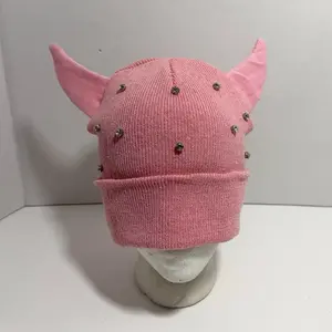 Pink Horns Gems Beanie with Studded Detail for Stylish Winter Wear