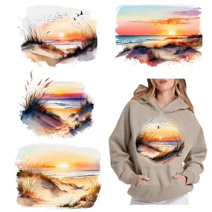 Beach Sunset Pattern DIY Iron-on DTF Transfer, 6 Counts/set Washable Heat Transfer Design, Ready Press Decals, Plastisol Patches for T-shirts, Jeans, Masks, Backpacks, DIY Kit