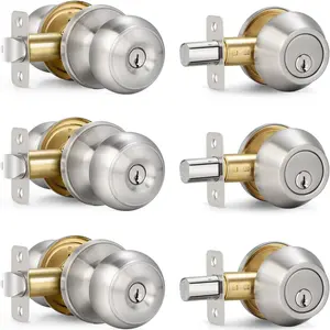 3 Sets Entry Door Knob and Single Cylinder Deadbolt Combo Set Keyed Alike Round Ball Satin Nickel Exterior Door Knobs with Lock and Keys for Entrance and Front Door
