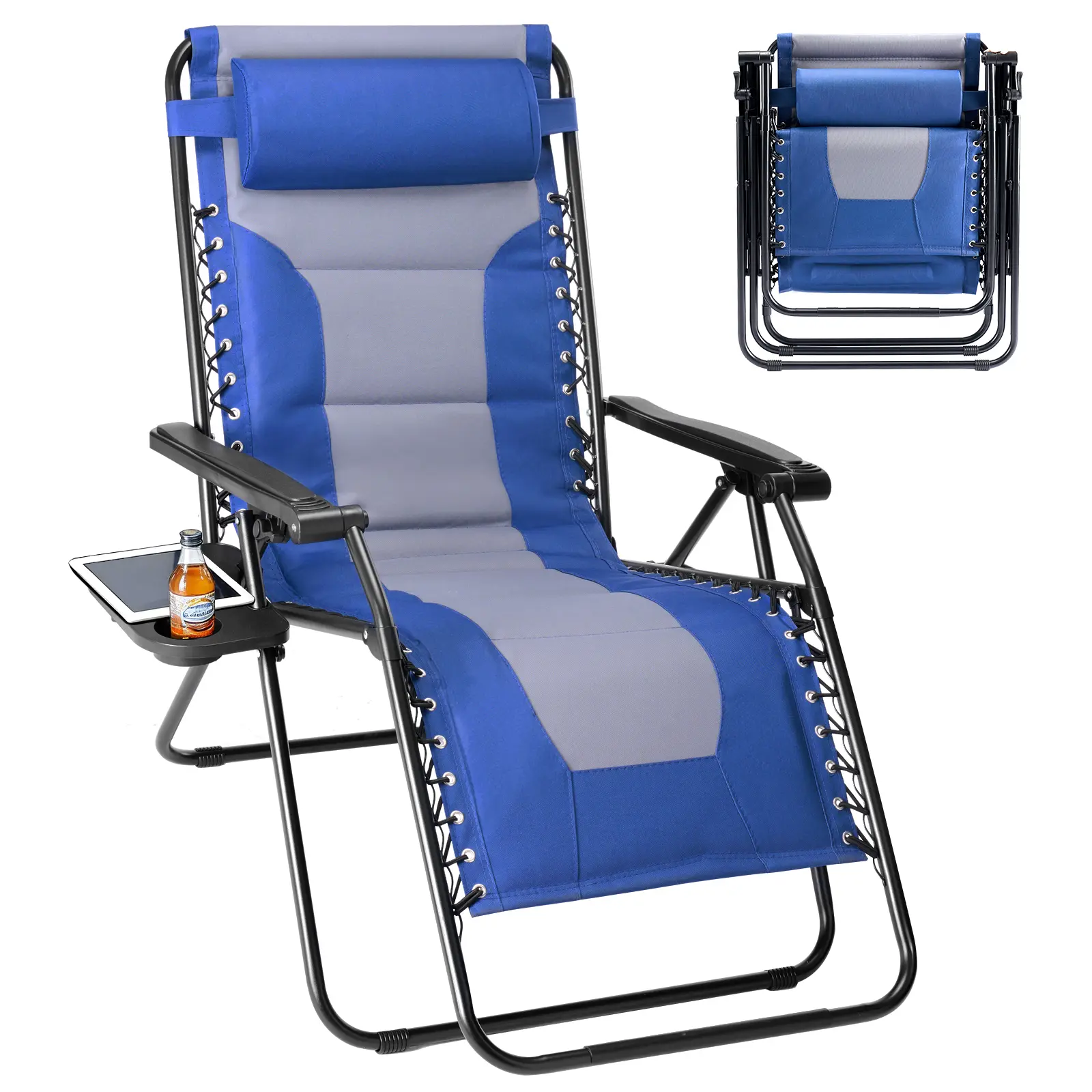 Beach & Patio Zero Gravity Recliner – Foldable Lounge Chair with Adjustable Pillow & Cup Holder, Heavy Duty Supports 330 lbs, Reclines to Nearly 170° (Not Full Flat) for Sunbathing or Reading