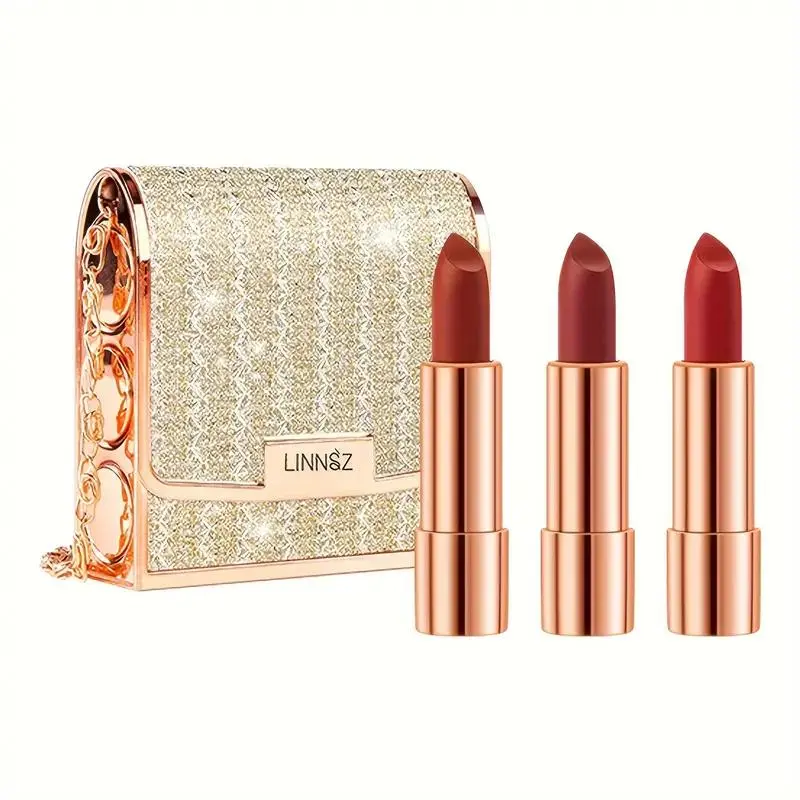 Luxurious Long-Lasting Flawless Matte Beauty Lipstick Shades Set, 3 Counts/set Waterproof Formula Non-Stick Cup Cosmetic Makeup Lipsticks with Silver Chain Bag, Ideal Gift for Girls and Ladies