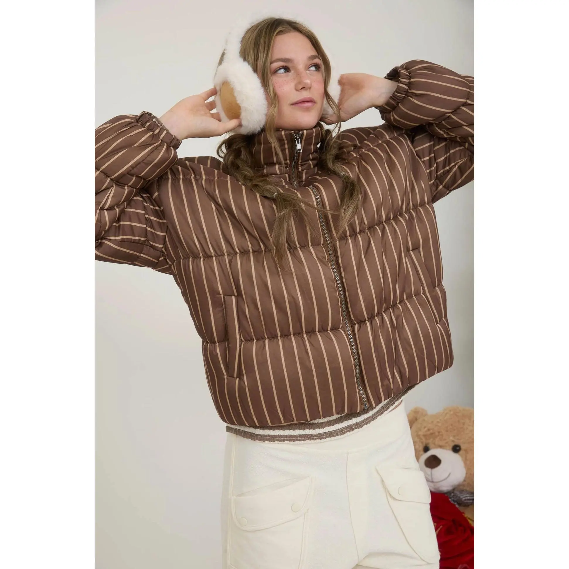 Striped High Neck Puffer Jacket - Brown