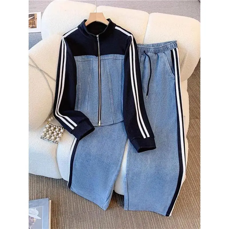 Women Preppy Style Patchwork Contrast Denim Sets Stand Collar Zipper Jackets Coats Elastic Jeans 2 Piece Suit Streetwear Comfort Clothes Womenswear