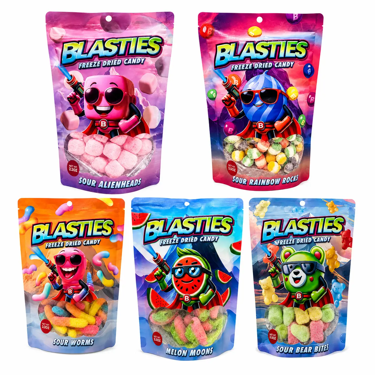 5 FOR 5 BUNDLE - Blasties Freeze Dried Candy - Sour Worms, Skittles, Watermelon, Rainbow Rocks, Freeze Dried Candy