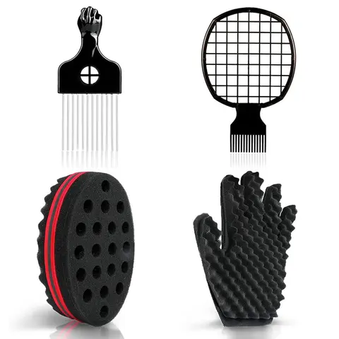 Men's 4-Piece Multi-Function Curl Styling Sponge Set - Right-Handed Double-Sided Big-Hole Glove with Handle, Metal Pick, Durable Twistable Comb, Quick Curl Home Care Tool (No Extra Tools Needed)