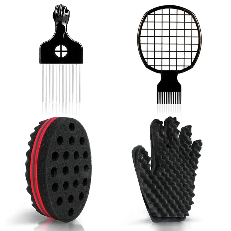 Men's 4-Piece Multi-Function Curl Styling Sponge Set - Right-Handed Double-Sided Big-Hole Glove with Handle, Metal Pick, Durable Twistable Comb, Quick Curl Home Care Tool (No Extra Tools Needed)