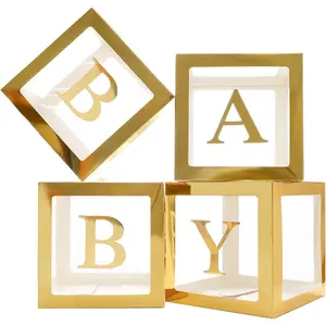 Gold Baby Boxes with Letters for Baby Shower, Baby Shower Decorations for Boys or Girls, Transparent Balloon Boxes Clear Blocks for Birthday, Bridal Shower, Gender Reveal