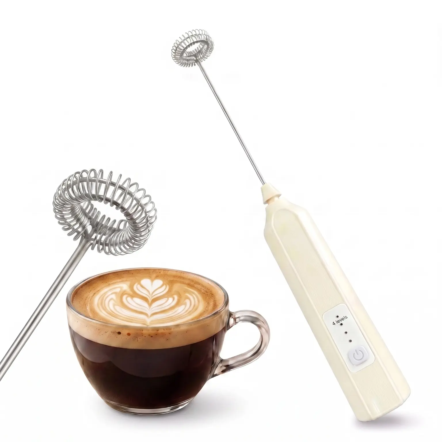 Handheld Rechargeable Milk Frother, Multi-Speed 3 Mode Coffee Bubbler with 2 Replaceable Heads, Detachable Stainless Steel Whisk, Portable Beverage Mixer for Cappuccino, Latte, Matcha, Juice and Egg Stirring, Black and white
