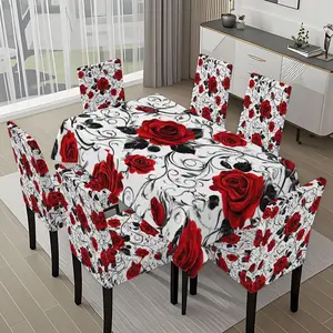 5/7-piece 2D Flat Printing Red White Black Rose Vines Printing Pattern Tablecloth and Chair Covers Set, Dining Chair Slipcover, for dining table and chair decoration, perfect for home, holiday gatherings, restaurants, and parties.