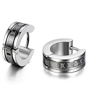 OIDEA Stainless Steel Roman Numeral Huggie Earrings - 12-13 mm Profile, 4 mm Width, Engraved Ear Cuff for Men's Casual, Classic, Evening Daily Style
