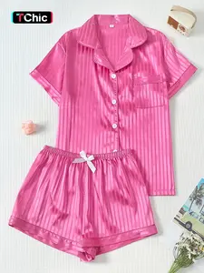 Women's 2-Piece Satin Pajama Set, Striped Fitted Top with Pocket, Bow Short Pants, Casual Home Wear Loungewear, Comfortable Sleepwear