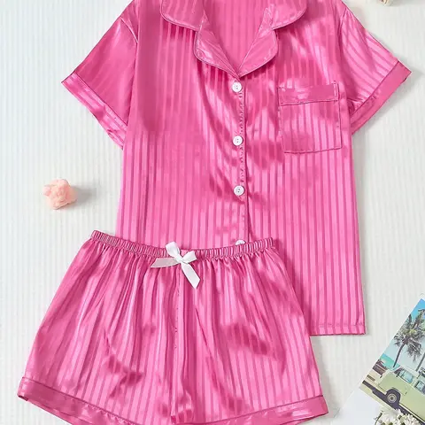 Women's 2-Piece Satin Pajama Set, Striped Fitted Top with Pocket, Bow Short Pants, Casual Loungewear Pjs, Comfortable Sleepwear, Home Nightwear, Pyjamas