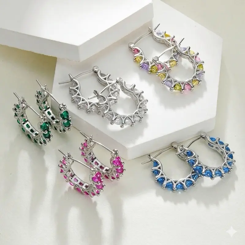 Silver Genuine, Simulated or Created Gemstone Small Round 18mm Huggie Hoop Earrings for Women Emerald Tanzanite Ruby Earrings multicolor Sqpphire Earrings Rhinestone  Hoop Earrings for Women