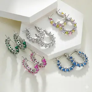 Silver Genuine, Simulated or Created Gemstone Small Round 18mm Huggie Hoop Earrings for Women Emerald Tanzanite Ruby Earrings multicolor Sqpphire Earrings Rhinestone  Hoop Earrings for Women