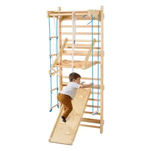VEVOR Swedish Ladder Wall Gym, 8-in-1 15 Levels Solid Wood Wall Stall Bars, 220LBS Indoor Jungle Gym Climbing Playset with Wall Ladder, Slide Board, Pull-Up Bar, Gym Rings, Swing Seat, Rope Ladder