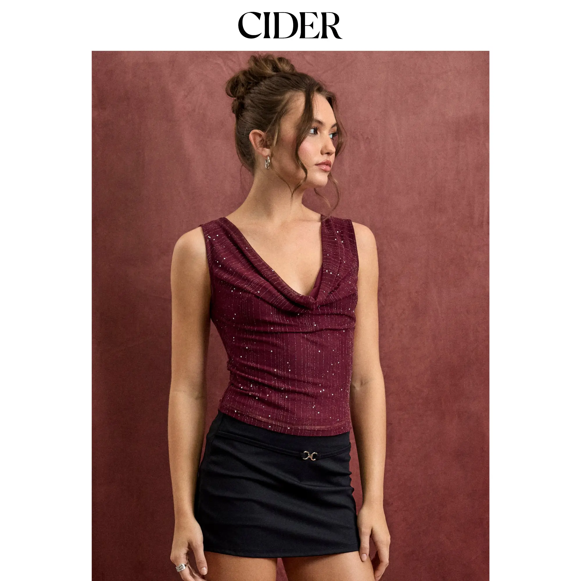 Cider Cowl Neck Ruched Tank Top With Rhinestone