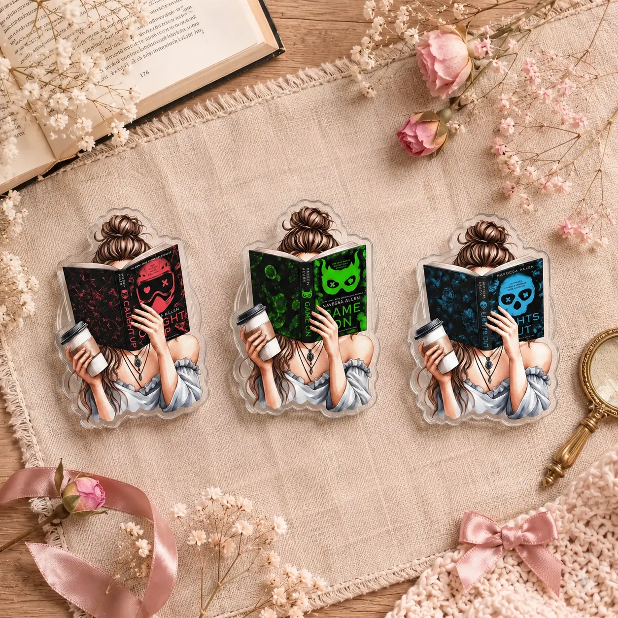 2D Acrylic Romance Reader Phone Grip - Novel & Coffee Theme Expandable Phone Stand Holder Anti-Drop Finger Grip