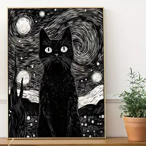 Cat Starry Sky Canvas Wall Art Poster, Unframed Modern Artistic Home Decor, Decorative Artwork, Van Gogh Inspired Design, Perfect for Bedroom Living Room Bathroom