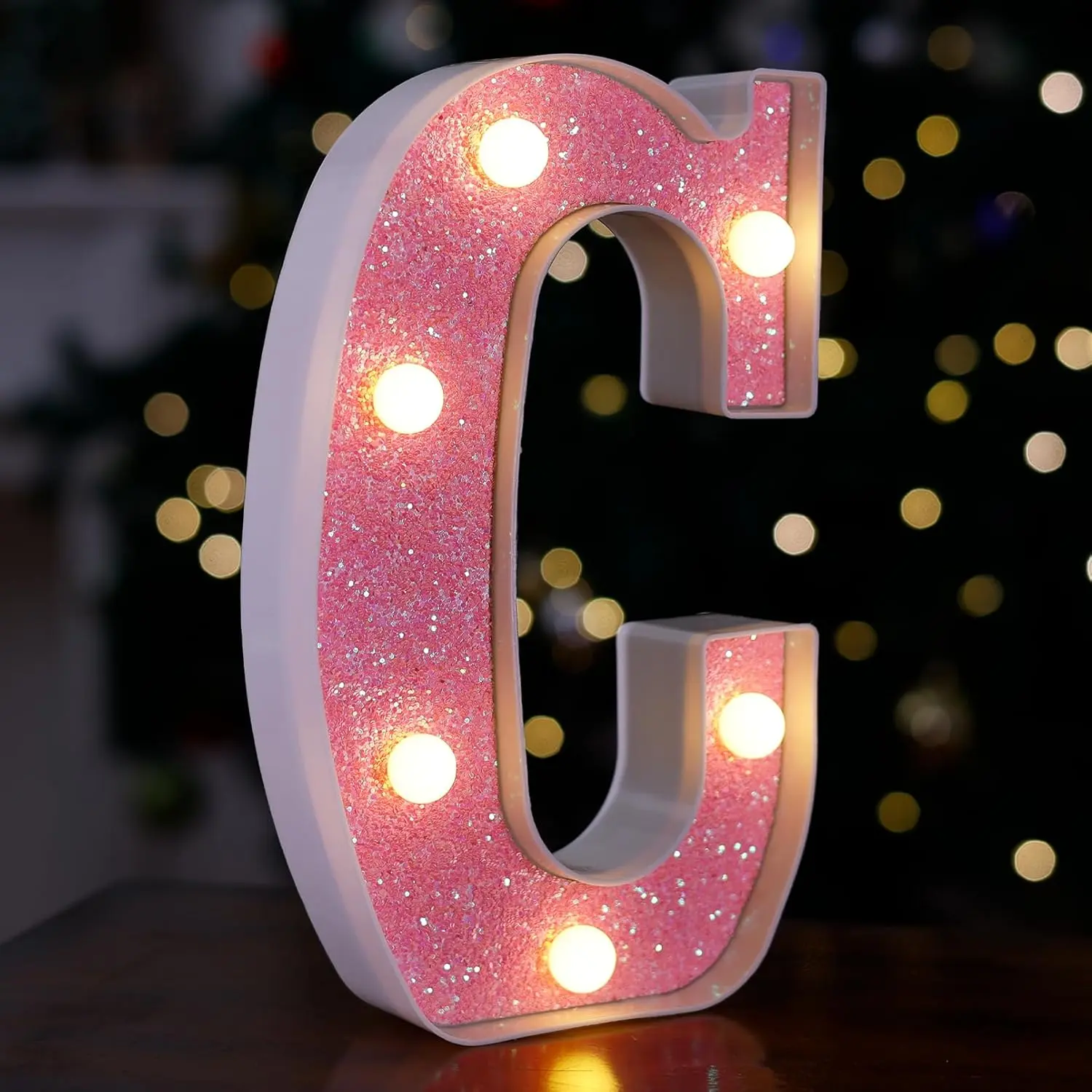 LED Letter Lights Pink Glitter Marquee Letters Light Up Alphabet Letters Sign Battery Powered for Home Party Decoration Night Bar Wedding Birthday Christmas Lamp Girls Gift - Letter C