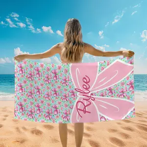 Customized Name Oversize Beach Towel with Pink Bows Design - Unisex Personalized Cozy Quick-Dry Absorbent Breathable Cover Towel for Travel, Swimming, Ideal Gift for Her