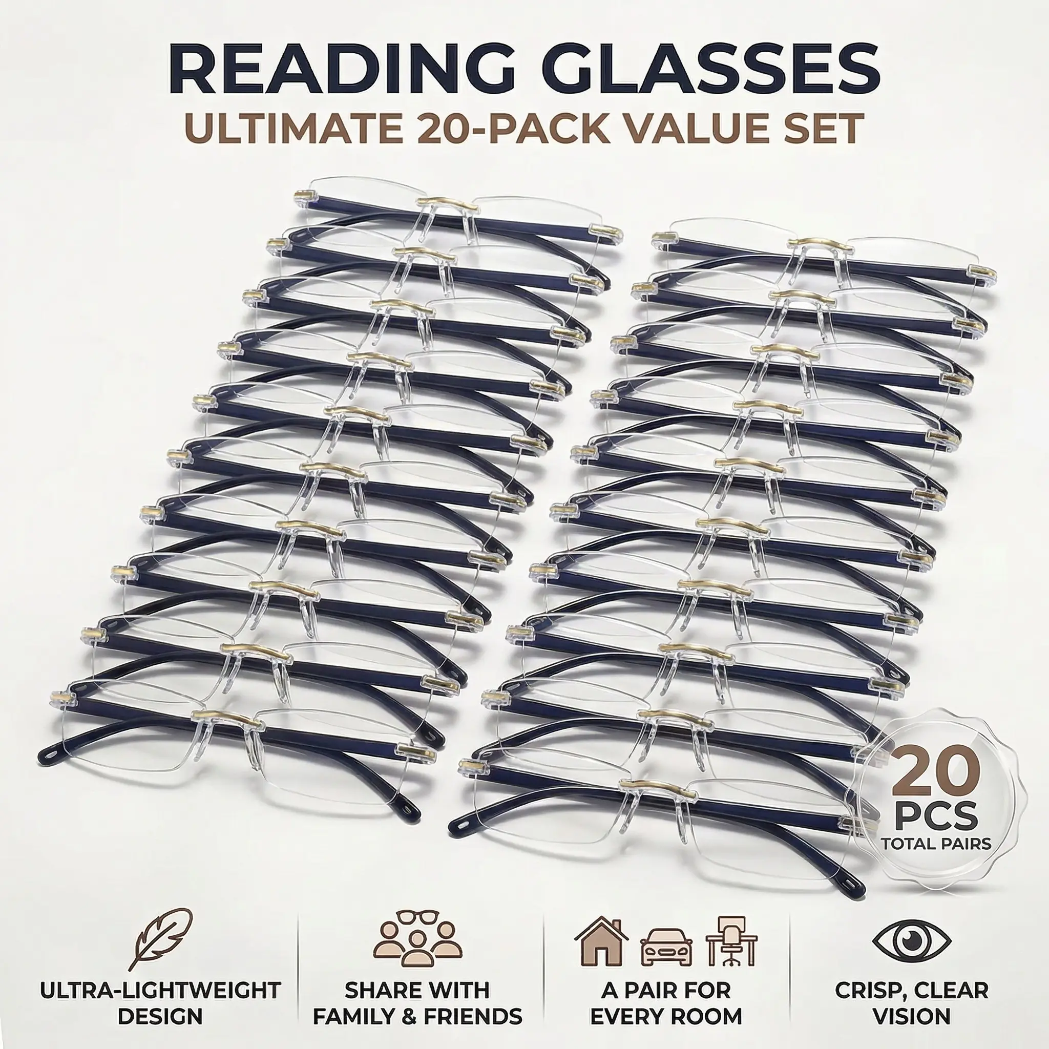 Unisex Frameless Design Reading Glasses Set, 20 Pairs Ultra-Light Blue Light Blocking, High-Definition Clear Vision Eyewear Value Pack